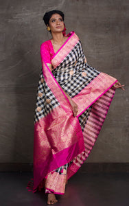 Designer Checks Katan Banarasi Silk Saree in Black ,Off White and Dark Pink
