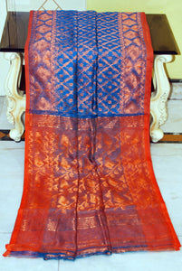 Soft Zari Brocade Dhakai Jamdani Saree in Egyptian Blue, Orange and Copper
