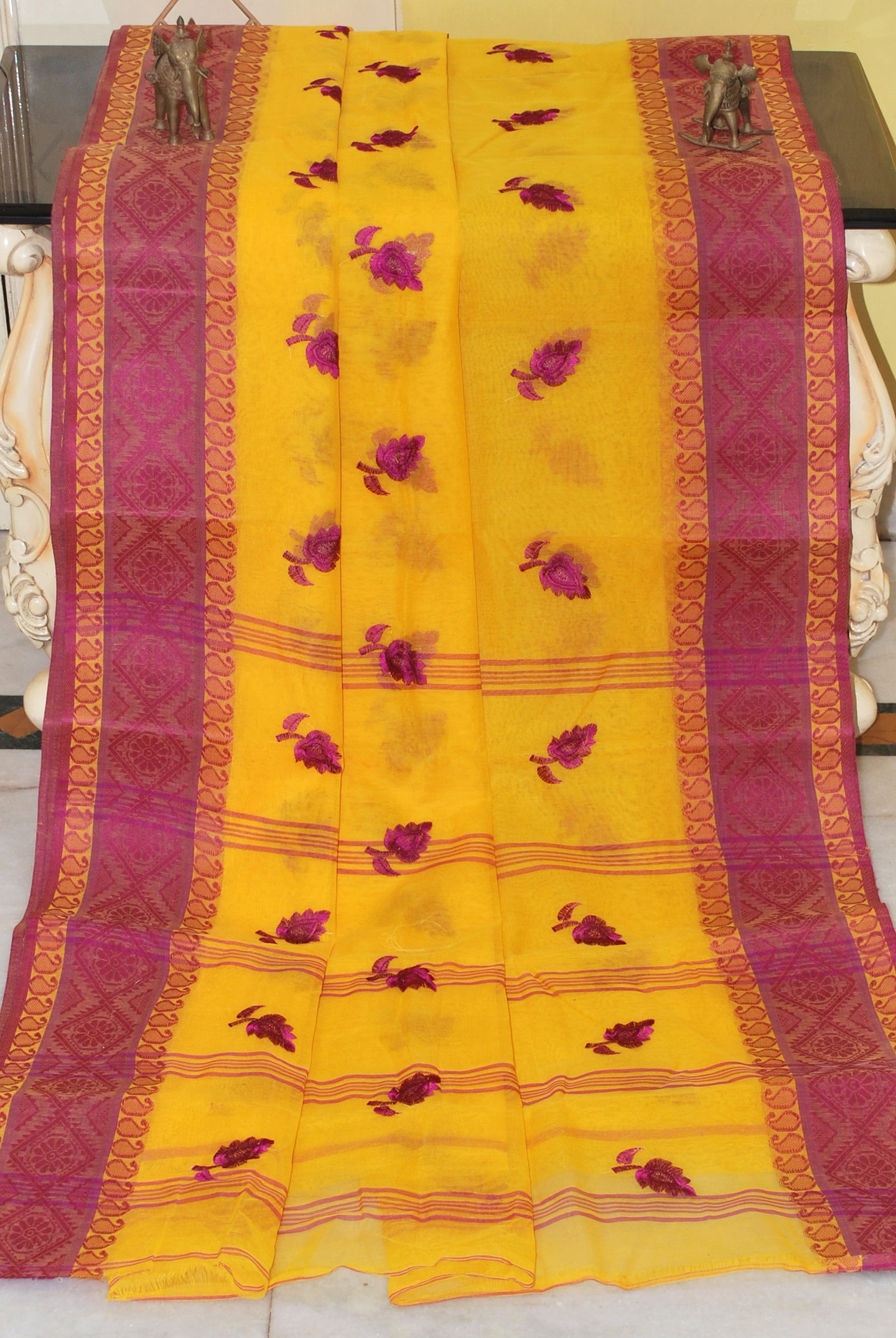 Bengal Handloom Cotton Saree with Leaf Motif Embroidery Work in Bright Yellow and Magenta