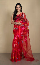 Peacock and Floral Motif Work Muslin Silk Jamdani Saree in Natural Red, Golden and Multicolored Thread Work