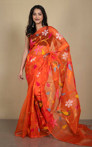 Peacock and Floral Motif Work Muslin Silk Jamdani Saree in Orange, Golden and Multicolored Thread Work