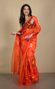 Peacock and Floral Motif Work Muslin Silk Jamdani Saree in Orange, Golden and Multicolored Thread Work