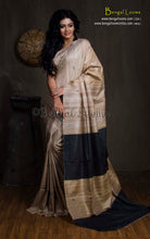 Elegant Natural Gicha Tussar Silk Saree with Geometric Nakshi Weave in Beige and Black