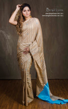 Elegant Natural Gicha Tussar Silk Saree with Geometric Nakshi Weave in Beige and Sky Blue