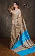 Elegant Natural Gicha Tussar Silk Saree with Geometric Nakshi Weave in Beige and Sky Blue