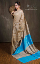 Elegant Natural Gicha Tussar Silk Saree with Geometric Nakshi Weave in Beige and Sky Blue