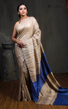Elegant Natural Gicha Tussar Silk Saree with Geometric Nakshi Weave in Beige and Navy Blue