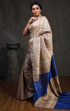 Elegant Natural Gicha Tussar Silk Saree with Geometric Nakshi Weave in Beige and Navy Blue