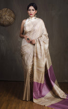 Elegant Natural Gicha Tussar Silk Saree with Geometric Nakshi Weave in Beige and Dusky Purple
