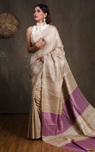Elegant Natural Gicha Tussar Silk Saree with Geometric Nakshi Weave in Beige and Dusky Purple