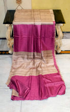 Elegant Natural Gicha Tussar Silk Saree with Geometric Nakshi Weave in Beige and Rose Bud Cherry