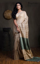 Elegant Natural Gicha Tussar Silk Saree with Geometric Nakshi Weave in Beige and Spanish Green