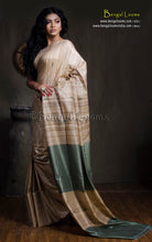 Elegant Natural Gicha Tussar Silk Saree with Geometric Nakshi Weave in Beige and Spanish Green