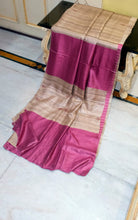 Elegant Natural Gicha Tussar Silk Saree with Geometric Nakshi Weave in Beige and Rose Bud Cherry