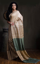 Elegant Natural Gicha Tussar Silk Saree with Geometric Nakshi Weave in Beige and Spanish Green