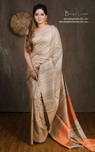Elegant Natural Gicha Tussar Silk Saree with Geometric Nakshi Weave in Beige and Peachis Orange