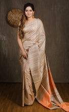 Elegant Natural Gicha Tussar Silk Saree with Geometric Nakshi Weave in Beige and Peachis Orange