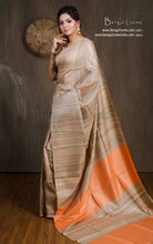 Elegant Natural Gicha Tussar Silk Saree with Geometric Nakshi Weave in Beige and Peachis Orange