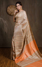 Elegant Natural Gicha Tussar Silk Saree with Geometric Nakshi Weave in Beige and Peachis Orange