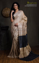 Elegant Natural Gicha Tussar Silk Saree with Geometric Nakshi Weave in Beige and Black