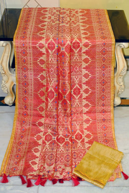Traditional Woven Thread Nakshin Work Soft Assam Silk Saree in Warm Beige, Red and Blue