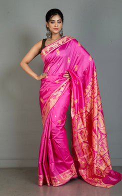 Handwoven Baluchari Pure Silk Saree in Rose Pink and Antique White
