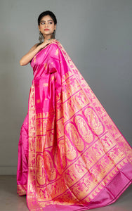 Handwoven Baluchari Pure Silk Saree in Rose Pink and Antique White