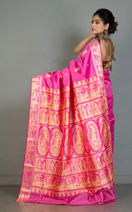 Handwoven Baluchari Pure Silk Saree in Rose Pink and Antique White