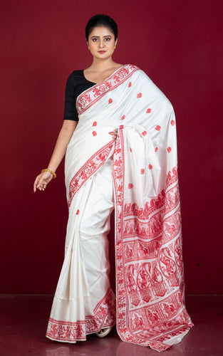 Handwoven Baluchari Pure Silk Saree in White and Red