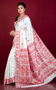 Handwoven Baluchari Pure Silk Saree in White and Red