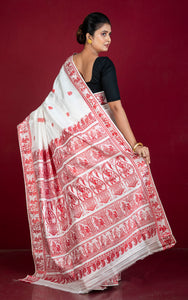 Handwoven Baluchari Pure Silk Saree in White and Red