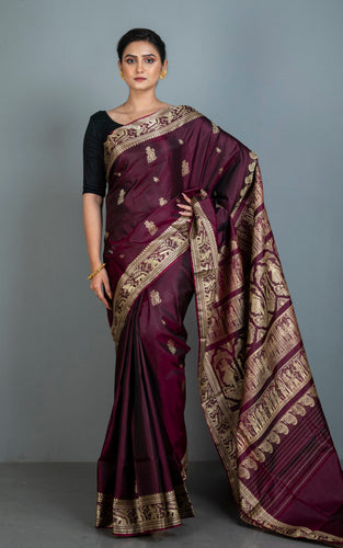 Handwioven Baluchari Pure Silk Saree in Wine, Beige and Dark Blue