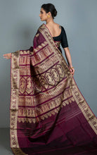 Handwioven Baluchari Pure Silk Saree in Wine, Beige and Dark Blue