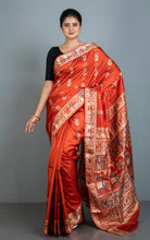 Handwioven Baluchari Pure Silk Saree in Rust Orange, Beige and Dark Blue