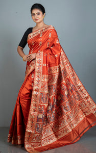 Handwioven Baluchari Pure Silk Saree in Rust Orange, Beige and Dark Blue