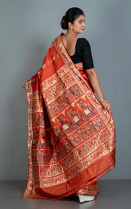 Handwioven Baluchari Pure Silk Saree in Rust Orange, Beige and Dark Blue