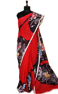 Super Soft Mulmul Cotton Batik Printed Saree in Carmine Red, Soot Black and Multicolored
