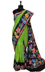 Super Soft Mulmul Cotton Batik Printed Saree in Green, Soot Black and Multicolored