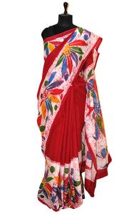 Super Soft Mulmul Cotton Batik Printed Saree in Pomegranate Red, Off White and Multicolored