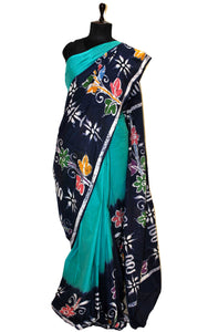 Super Soft Mulmul Cotton Batik Printed Saree in Sea Green, Midnight Blue and Multicolored