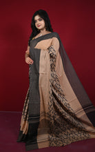 Bengal Handloom Bird Nakshi Motif Brocade Work Soft Begampuri Cotton Saree in Pinkish Tan and Black