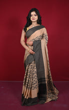 Bengal Handloom Bird Nakshi Motif Brocade Work Soft Begampuri Cotton Saree in Pinkish Tan and Black