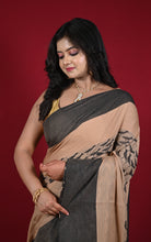 Bengal Handloom Bird Nakshi Motif Brocade Work Soft Begampuri Cotton Saree in Pinkish Tan and Black