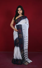 Full-length Begampuri saree with black border and striped contrast pallu
