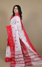 Full-length drape showing striped pallu and red border detail