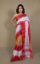 Model wearing handwoven Begampuri cotton saree with red ikat border and mustard check pallu