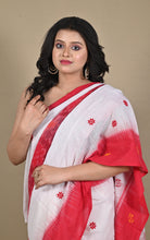 Close-up neckline drape of red and white Begampuri cotton saree
