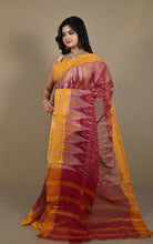 Begampuri Bengal Handloom Sambalpuri Kotki Cotton Saree in Wine Red, Mustard Yellow and Off White