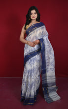 Begampuri Bengal Handloom Sambalpuri Kotki Cotton Saree in Off White, Navy Blue and Golden