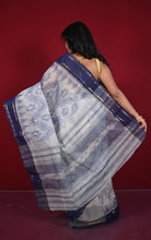 Begampuri Bengal Handloom Sambalpuri Kotki Cotton Saree in Off White, Navy Blue and Golden